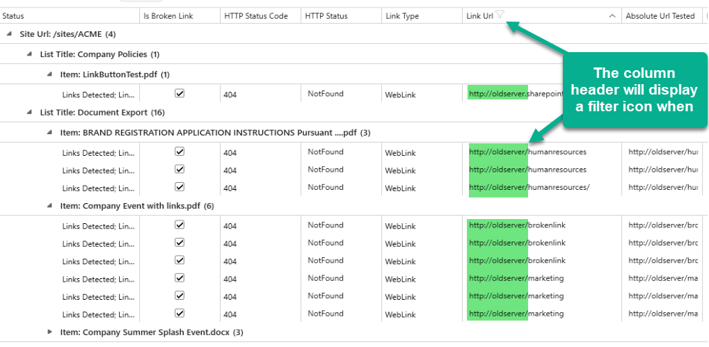Filtered report showing matching links