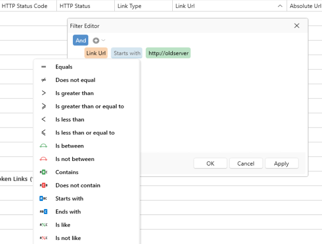 Filter configuration with example URL