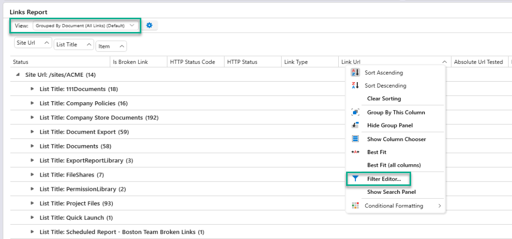Filter Editor option on the Link URL column