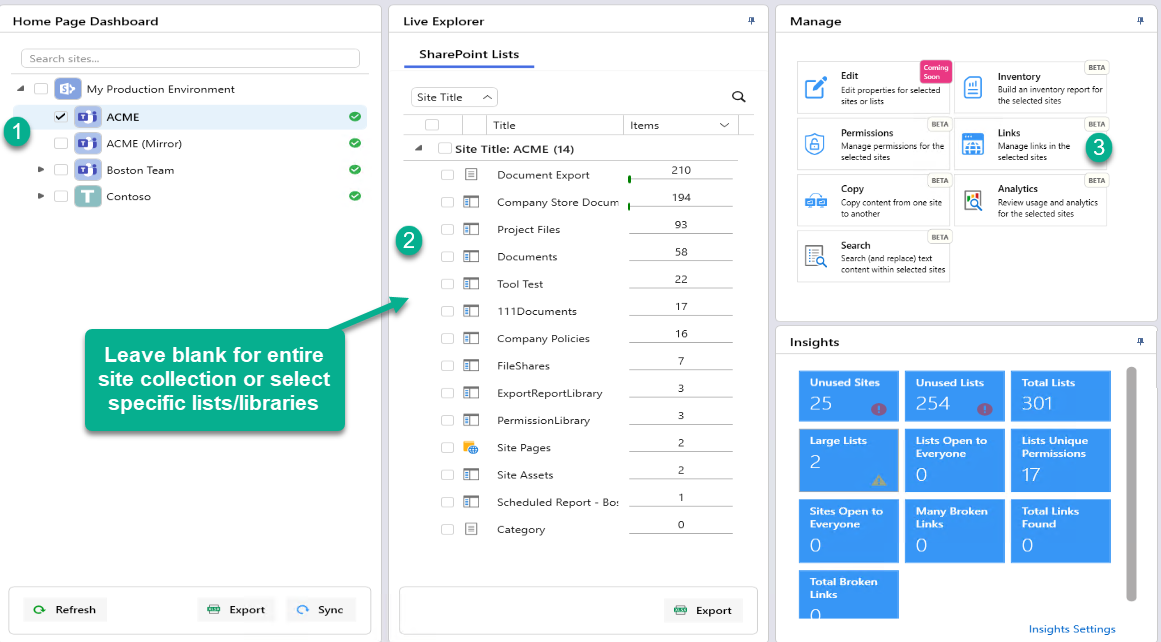 Find Links option in the Manage section