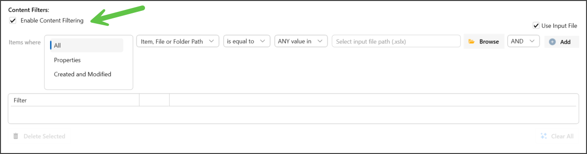 Content Filters toggle in Job Options
