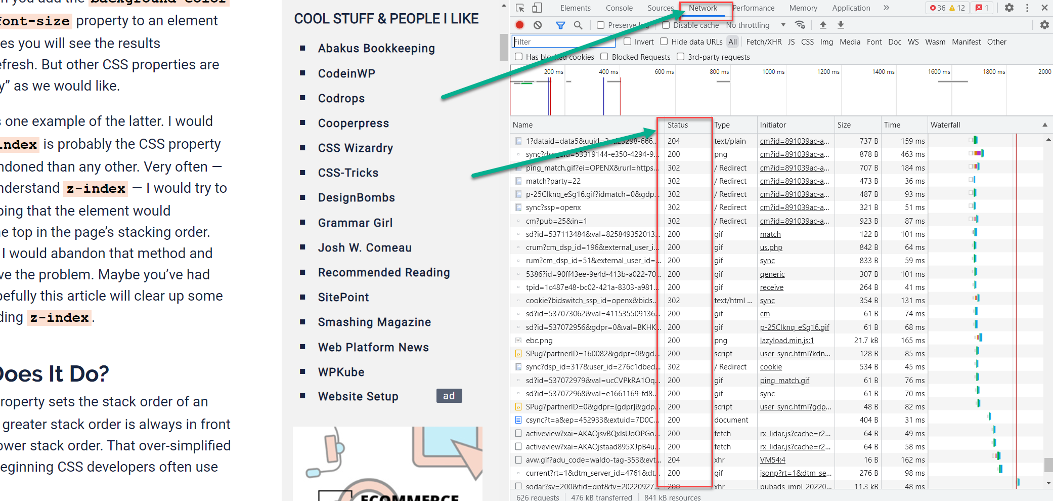 Browser developer tools showing HTTP status codes